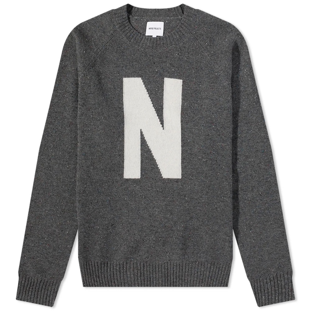 Norse Projects Charcoal Gray Crewneck Sweater with White 'N' Logo